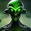 Placeholder: green alien, head, evil, black eyes, weapons, blood, 8k, finely detailed, photo realistic, HR Giger style