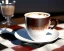 Placeholder: Cappuccino art microfoam in harlequin mug saucer Crawford plaid napkin Demitasse