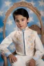 Placeholder: 10-year-old Elvis Presley, with black hair and sideburns, is posing for his school picture in a white jumpsuit with a high collar and embroidery designs - Sparkling, Sky blue Background, professional quality studio 8x10 UHD Digital photograph by Scott Kendall - multicolored spotlight, Photorealistic, realistic stock photo, Professional quality Photograph. colored Fog