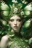 Placeholder: beautifulyoung woman adorned with butterflies and lily flowers with white, green crystals and little moss on them, headdress wearing butterfly embossed palimpsest art nouveau style floral embossed and ribbed dress organic bio spinal ribbed detail of art nouveau background extremely detailed hiperrealistic maximalist portrait art