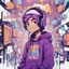 Placeholder: masterpiece, intricate details, a wide angle 2D anime bold line flat color illustration of a cheerful boy in a high purple hoodie and headphones in hip hop style, dopamine style, overlaying mixed patterns of pop art text and emoji device installations, sharp focus, charming character illustration, beautiful vibrant kuler palette gradient