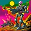 Placeholder: 90's TCG art retro fantasy art of skeleton robot firing machine gun