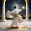 Placeholder: Hyper Realistic Sufi Whirling on stone floor with white & Golden Islamic Sufi Rustic Grungy Background outside white marble Islamic monument at dark night with stars on sky