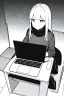 Placeholder: thin hacker girl use a laptop sitting in a cafe, line arts, greyscale