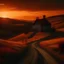 Placeholder: leaving home, photo quality, dark orange sunset colors, a lonely house on a hill, a road going down