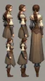 Placeholder: turnaround frontal view, side view and back view, character of a girl, realistic style, brown hair, she wears fantasy medieval clothes, she is slim, full body view