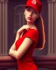 Placeholder: woman with a red baseball hat. leaning on a wooden balcony. night time. fantasy. studio lightining.