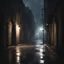 Placeholder: A dark alley, hidden shadows, a street light, puddle of rain,