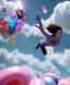 Placeholder: Ultra realistic speed clouds sky scene, wide angle view, sweet childs falling down, inflatable color clothing, free jumping flying, many trinkets, monster hair, hair monster, many jelly beans, balls, smile, happy, circus style, extreme, wind, clouds sea, 20,000 feet altitude, stratosphere, soft color, highly detailed, unreal engine 5, ray tracing, RTX, lumen lighting, ultra detail, volumetric lighting, 3d, finely drawn, high definition, high resolution.