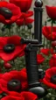 Placeholder: black gun with red kiss on it in a garden full of red poppies. cinematic