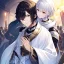 Placeholder: Girl with white hair wearing white robes. Boy with black hair wearing leather armor