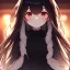 Placeholder: Clear focus,8k,Beatiful Lighting,Detailed,black long hair,fluffy hair, long fluffy bangs, red eyes, wearing a black outfit with a short black skirt