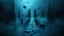Placeholder: passage over nothingness, surreal, dark and cold abstract artwork dominated by deep blue, icy cyan, charcoal black and muted steel-grey tones. An narrow passageway emerges from an abstract distorted weird landscape, surrounded by thick fog and drifting mist. The space feels nightmare, alien and unsettling, with floating circles and balls geometric forms, fragmented architecture, perspective. At the center of the composition cracked stone way over abyss