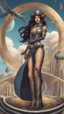 Placeholder: exotic sci-fi steampunk pin-up girl, with long dark hair and wings, on an alien planet with cloud trees, tall spires, buildings, bridges, arches