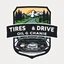 Placeholder: logo for a shop that installs tires and does oil changes, top has elements of beautiful park highway drive, bottom shows the engine under car hood. all inside a shield shape with squared top and rounded bottom, in the style of national parks stickers