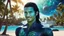 Placeholder: beautiful gorgeous young man na'vi with long hair, Avatar, blue skin, two small ears, green eyes, black hair, in cosmic suit, galactic ambiance, medium pointy goatee , smiling, with spaceship and planets and palm trees and clear crystaline cosmic beach in background