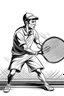 Placeholder: A black and white image of a classic tennis player performing a backhand swing on a grass court. Style: Vintage Photography, Mood: Timeless and Skillful, Lighting: Sunlight with soft shadows, T-shirt design graphic, vector, contour, white background.