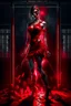 Placeholder: 12k ultra-high-definition rendering of a zombie model in a photo studio ,The zombie, adorned in a red ripped tight dress, ripped sideways from top to bottom, long slit, shoes are fashionable platforms, big gun on side thigh, exudes a sinister aura under the studio's dark and mysterious lighting