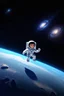 Placeholder: A small falling cartoon astronaut floating in space over a dim background with lots of distant stars and galaxies and quasars and nebulas. Realistic textures and grains. Render in HD 8K quality. High quality textures and details.