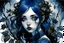 Placeholder: Gothic portrait of a young woman in the style of Arthur Rackham and Norman Rockwell. She has dark blackish blue hair and there are blueberry plants around her. Piercing blue eyes. Steampunk Wednesday Adams