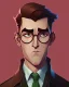 Placeholder: Fit man in round glasses, wavy hair, stubble,no beard, slim, tie, monotone, green eyes, comic book style, two tone colours, detailed, ink, realistic, handsome, square jaw, big brows, no jacket, bird on the shoulder, spotlight