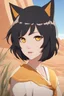Placeholder: Woman with short, black hair and cat ears. vivid gold eyes, tight shirt, short shorts,smirking, desert background, RWBY animation style