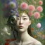 Placeholder: a painting of a woman surrounded by flowers, a surrealist painting, by Ikuo Hirayama, naotto hattori, detailed face with mask, draped in rich green and pink, gong li, ayami kojima and yoshitaka amano, alexey egorov, stems, (collage), hiromasa ogura, yang qi --ar 2:3