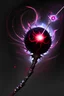 Placeholder: A sorceress evil staff that is a mix colors of red and black crystals and sharp edges, with black aura swirling around it, a black universe color orb ontop of the staff