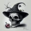 Placeholder: Realistic drawing of a Skull with a Witch hat, Skull has ghost eyes and is eating from a poison apple.