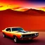 Placeholder: muscle car, desert road, sunset, full colour