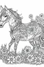 Placeholder: outline art for horse coloring pages with horse and flowers, white background, Sketch style, full body, only use outline, clean line art, white background, no shadows and clear and well outlined