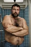 Placeholder: full figure photo, two burly big chubby sicilian plumber, dirty, ripped overalls, 33 years old, crossed arms, shaved, short beard, manly chest, very virile, hairy, manly arms, ugly, big thighs, under the shower, sunlight , photorealistic, 35mm lens, ultra detailed