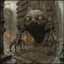 Placeholder: massive surreal biomechanical golem eyes sewn shut with extended limbs crashing through a city's streets damaging buildings and road, heavy chains crisscoss its body dragging barred windows, nighttime in a windy rainstorm, by Jean Baptiste Monge, by H.R. Giger, fantastic art, dramatic, kinetic, eerie dark primary colors, matte oil painting, intricate complex detail, twisted surreal mindbending art.