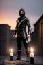 Placeholder: muscular ninja assassin, athletic build, wearing black and gray baggy pants with pockets, black hood and black balaclava mask, big boots, buckles, straps, daggers, dark hazel eyes, eyes are both in proportion and green, 3/4 look, standing, dark cobblestone alley, candle light behind head, intense, lifelike, unreal engine, photorealistic rendering in the art style of j.scott campbell