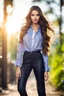 Placeholder: the genre is modern, a beautiful woman model and actress, long hair, bright eyes perfect facial features,wearing pants and pretty shirt, a very beautiful favorite, a full body, he stands tall, background bokeh