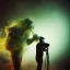 Placeholder: Monster photographer destroing camera in his studio. Smoke. green spot light. Particles in the air., post-apocalyptic, hyperdetailed, long shot, bokeh, studio lighting, low-key lighting, kodachrome