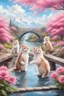 Placeholder: in the center: beautiful chunky cats dancing on a bridge , background: landscape, first plan: pink flowers and a small river with blue water, sky: white clouds with more cats sitting on them, season: winter