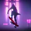 Placeholder: photo of a ninja riding a skateboard; in an alternate universe in tokyo; cyberpunk; realistic; rain; neon signs