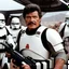 Placeholder: [in the spaceship] Charles Bronson faces stormtroopers, ready to fight, in dust, rust and blood, his body is covered with cartridge belts