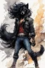 Placeholder: ink wash and watercolor full body concept illustration of an anthropomorphic, adventurous Black Wolf, urban guerilla girl character with wildly flowing hair, ornately dressed with highly detailed feathers and facial features in the comic book style of Bill Sienkiewicz and Jean Giraud Moebius, with a fine art aesthetic, highly detailed , boldly inked, 4k UHD cinegraphic quality