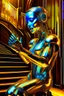 Placeholder: chrome chat robot banking woman smiling online in the style of escher and giger, spray paint, photo realism, trending on art station, 8k, depth of field, down light, light rays, volumetric, reflective spiral staircase, blue, yellow, golden brown and orange