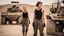 Placeholder: beautiful anorexic caucasian female technician, black tank top, well toned muscles, weathered face, scratched sand camo metal details, short brunette wavy bob haircut, dystopian, desert scene, using a handheld sensor