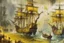 Placeholder: A yellowish white bay with pirate ships in a rainstorm painted by Zosan