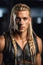 Placeholder: photorealistic hyperdetailed portait of 28-year-old german male, with long blonde braided and undercut hair, tribal and neatly trimmed beard, modern clothing