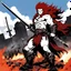 Placeholder: [wii No More Heroes style] once a flourishing field, now reduced to burned ruins, fumes of death hung heavy in the air. Amidst the devastation, an enraged redhead Barbarian, a towering figure of wrath and fury, thundered across the desolate landscape. His eyes blazed with a primal rage as he sprinted towards a lone white paladin, clad in chrome steel plate armor, a beacon of light amidst the darkness. The Barbarian faces the paladin.