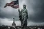 Placeholder: the statue of liberty, dress dirty and torn, her face solemn and terse, trash littered at her feet, she holds a crumpled american flag, she walks away with back turned under a dark and dreary sky, wide angle