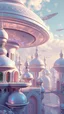 Placeholder: vision of a cosmic city, the futuristic architectures with rounded shapes, the structures are adorned with iridescent pastel colors that sparkle and change according to the light, creating a dreamy atmosphere and the ships in the sky combine to create a place of wonder and harmony. Cinematic scene, beautiful lighting, 3D high quality render