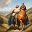 Placeholder: a big fat man sitting on a horse in hills like a 19th painting