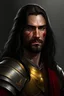 Placeholder: portrait of a handsome 35 year old warrior, looking like kahl drogo, long dark hair in a queue, powerful, in armor, red, yellow eyes