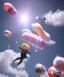 Placeholder: Ultra realistic speed clouds sky scene, wide angle view, sweet men falling down, Childs, feather inflatable color clothing, free jumping flying, many trinkets, hair monster, many jelly beans, balls, color smoke, smile, happy, circus style, extreme, wind, clouds sea, 20,000 feet altitude, stratosphere, soft color, highly detailed, unreal engine 5, ray tracing, RTX, lumen lighting, ultra detail, volumetric lighting, 3d, finely drawn, high definition, high resolution.